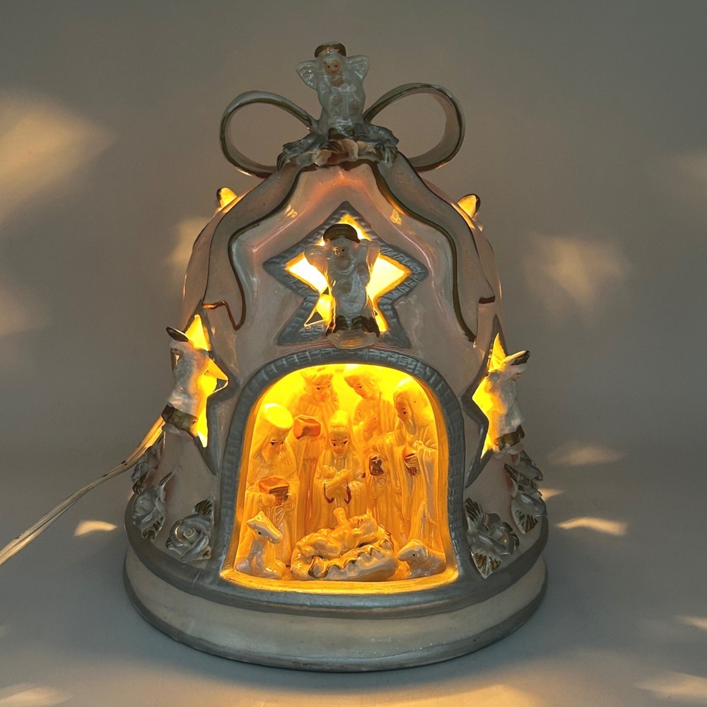 Nativity Bell Lantern Iridescent White Christmas 9 " 1990 EUC Cracker Barrel VTG